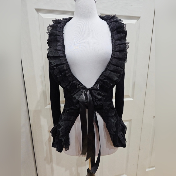 Dolls Kill Goth Witchy Widow Celestial Darkness Black Lace Trim Knit Cardigan S - Picture 1 of 6